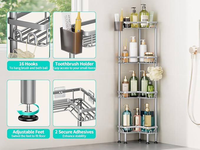 HapiRm Standing Shower Caddy Corner - 4 Tier Corner Shower Organizer with Toothbrush Holder and 16 Hooks, Large Capacity Rustproof Bathroom Shelves for Tall Bottles, Silver