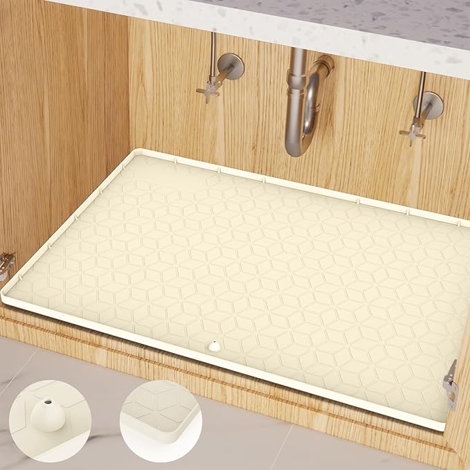 Under Sink Mat 10"x16" Under Sink Mats for Kitchen, Silicone Waterproof Under Sink Liner, Sink Cabinet Organizer Tray with Drain Hole