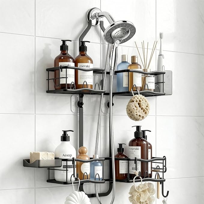 Shower Caddy Hanging Organizer, Rustproof Shower Organizer Hanging for Handheld Showerhead with Hooks for Razor/Sponge, Bathroom Caddy Rack Shower Shelves for Shampoo Soap Towels, Black