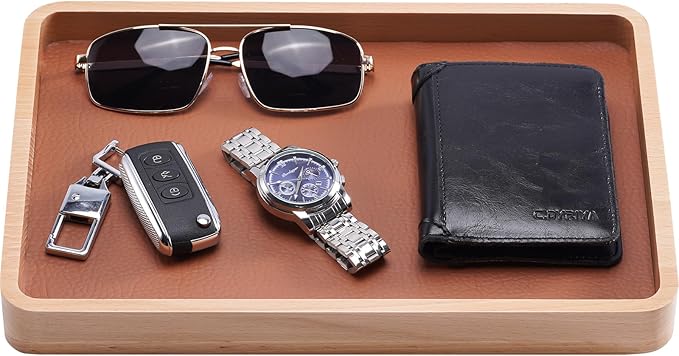 ProCase Wooden Valet Tray for Men, Wood Catch-All EDC Organizer, Fathers Day Gift, Nightstand Entryway Bedside Dump Holder for Wallets, Keys, Watches, Phones, Loose Change, Trinkets -LightBrown