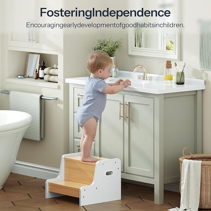 HOOBRO Step Stool for Kids, Two Step Toddler's Stool, Kids Potty Training Stool with Handles, Non-Slip Pads for Safety, Easy to Move, for Sink, Bathroom, Bedroom, Natural and White WN01JD01G3