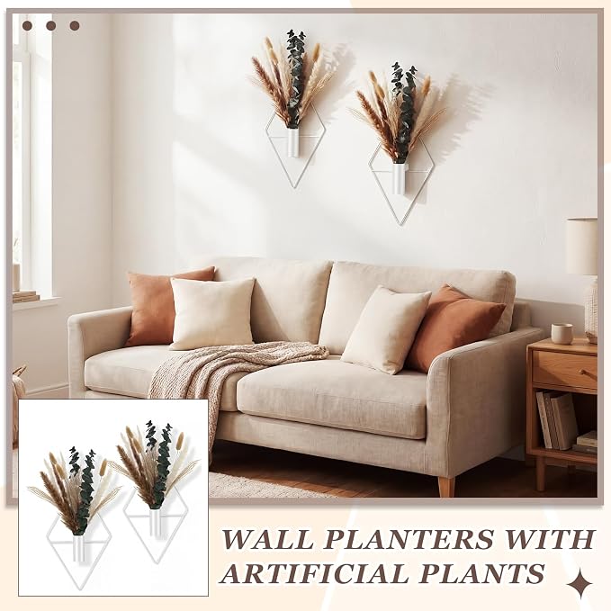 Jexine 4 Pcs Hanging Planters with Artificial Pampas White Metal Hanging Vase Indoor Plants Holder Modern Geometric Boho Bathroom Wall Decor for Living Room Home Office