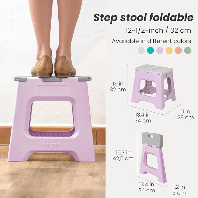 Vigar Compact Folding Step Stool - 12-1/2 Inch Foldable Step Stool for Adults, Lightweight Portable Stool with Handle, Non Slip Step Stool, Space-Saving Stool up to 330 lb - Purple