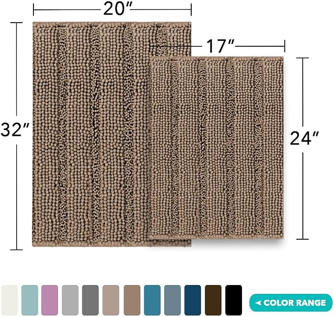 Turquoize Chenille Bath Rugs Shaggy Bathroom Rugs Non Slip Bath Rugs for Bathroom 20 x 32 and 17 x 24 Taupe Brown Bath Rug Extra Soft and Absorbent Area Rug, (20" x 32" and 17" x 24"), Taupe Brown