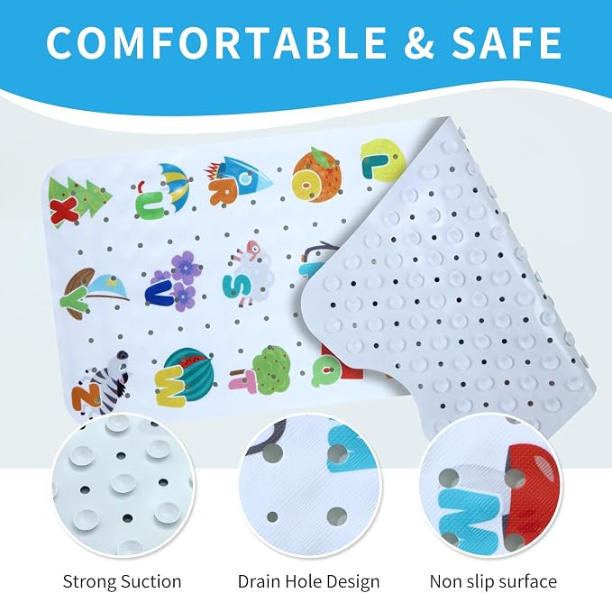 Baby Bath Mat for Tub Non Slip Kids Bathtub Mat Extra Long 40X16 Inch Toddler Bath Tub Shower Mat Anti Slip with Suction Cups & Drain Holes, Machine Washable (Alphabet)