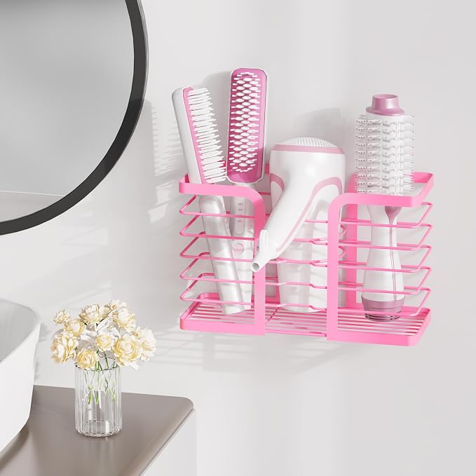 YIGII Pink Hair Dryer Holder, 3 Sections Organizer for Hair Tools, Wall Mounted/Cabinet Door Straightener Holder, Adjustable Height Metal Dryer Curling Iron Organizer