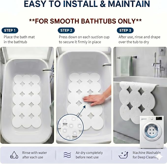 Webos Patented Non Slip Bathtub Mat Shower Bath Mats with Strong Suction Cups Superior Grip&Drainage Soft Heavy Duty Natural Rubber Bath Mat for Inside The tub (White, 28x16 inch)