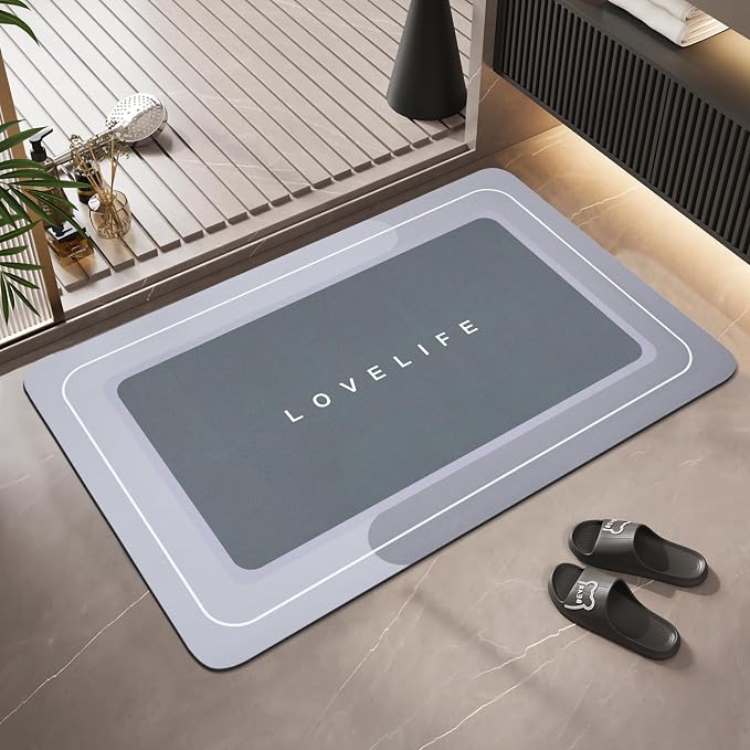 Bath mat Rubber Bathroom Mat-Quick Dry Absorbent Rug Non-Slip Thin Bathroom Rug Instant Dry Magic Bath mats for Bathroom Floor Mat in Front of Bathtub, Sink, Grey,17x27in