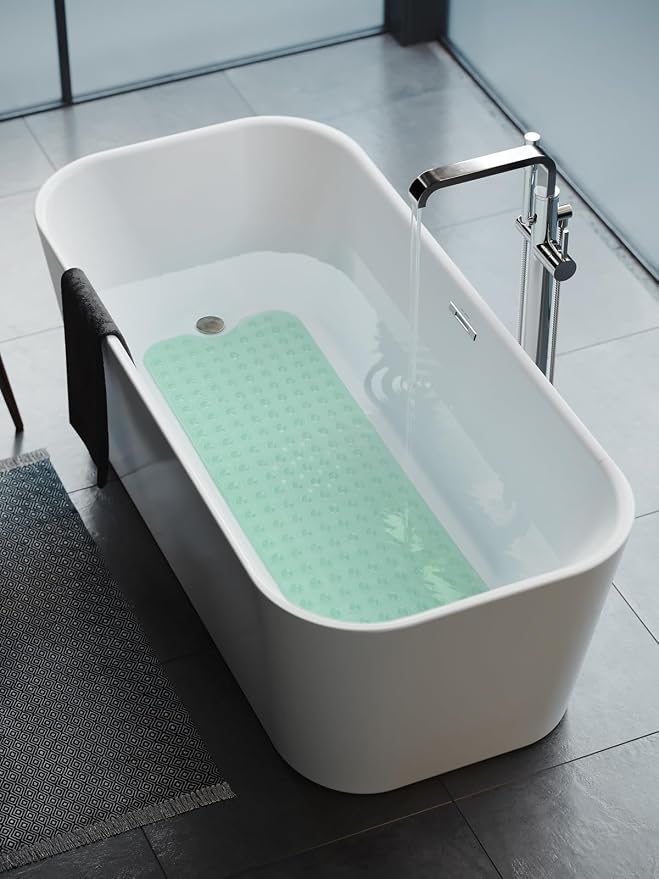 Bathtub and Shower Mats, Extra Long Non-Slip Bath Tub Mat 39 x 16 Inch, Machine Washable BathMat with Suction Cups & Drain Holes for Bathroom Floor, Clear Pale Green
