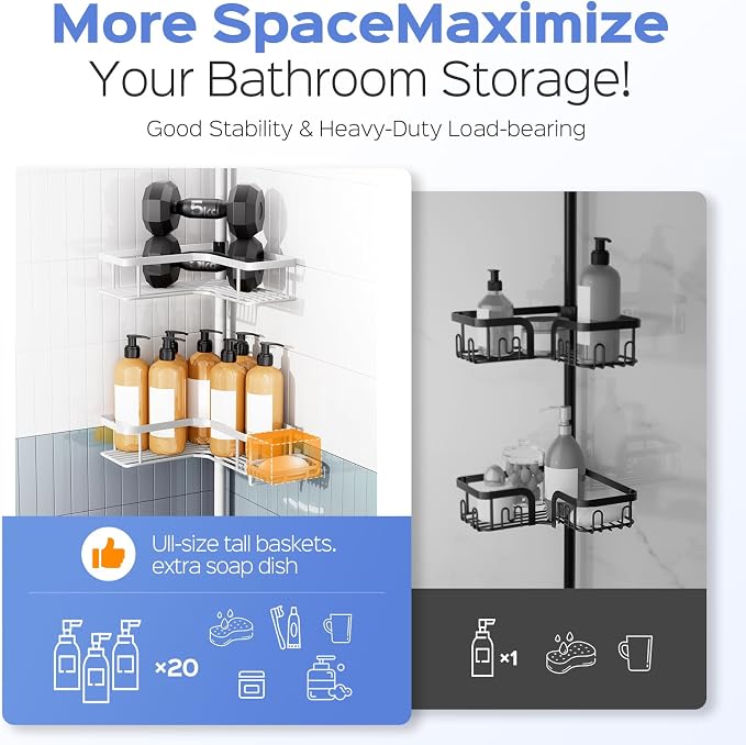 HAMITOR Shower Caddy Tension Pole: 4-Tier Corner Bathroom Organizer Shelf with Soap Holder & Hooks - No-Drill Adjustable Storage Rack for Apartment Renters - 47-123 Inch White