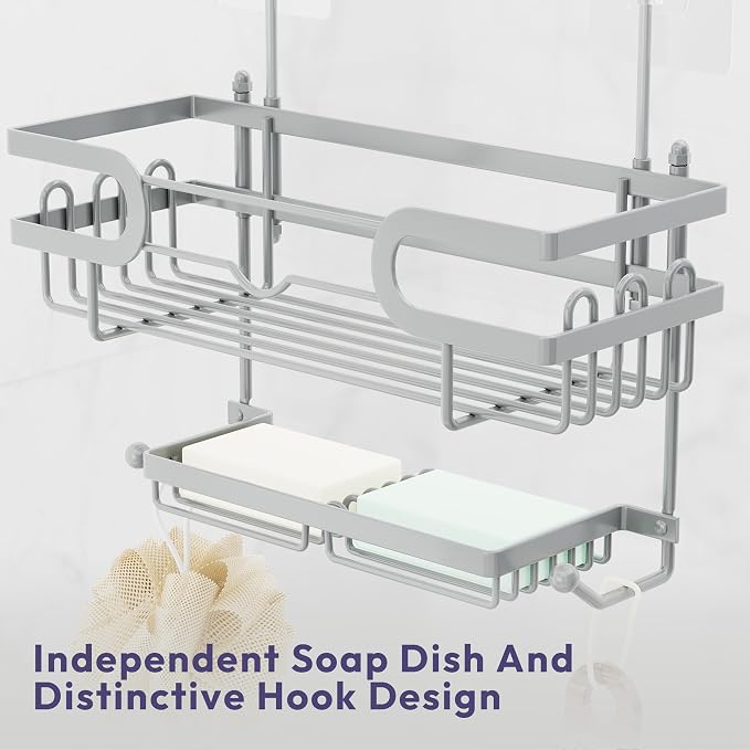SWTYMIKI Over the Door Shower Caddy Hanging with Double Soap Holder, Hanging Shower Organizer with 16 Hooks, No Drilling Shower Shelves Over Door, Bathroom Rack and Storage, Silver