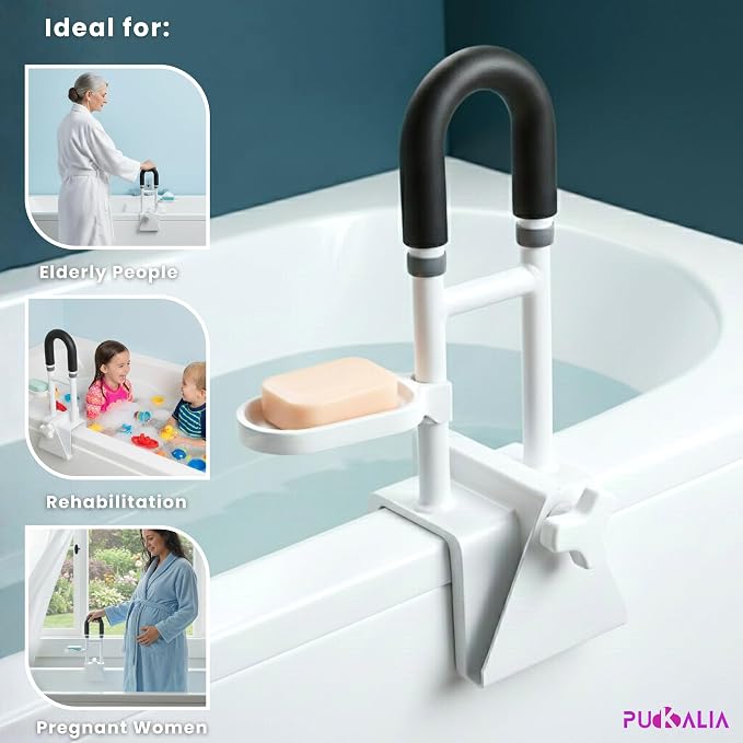 Bathtub Grab Bar Safety Rail for Seniors and Elderly with 300lbs Heavy Duty Iron Support Plus Tool Free Clamp on Shower Handle and Non Slip Bathroom Assist Bar for Side of Tub in White