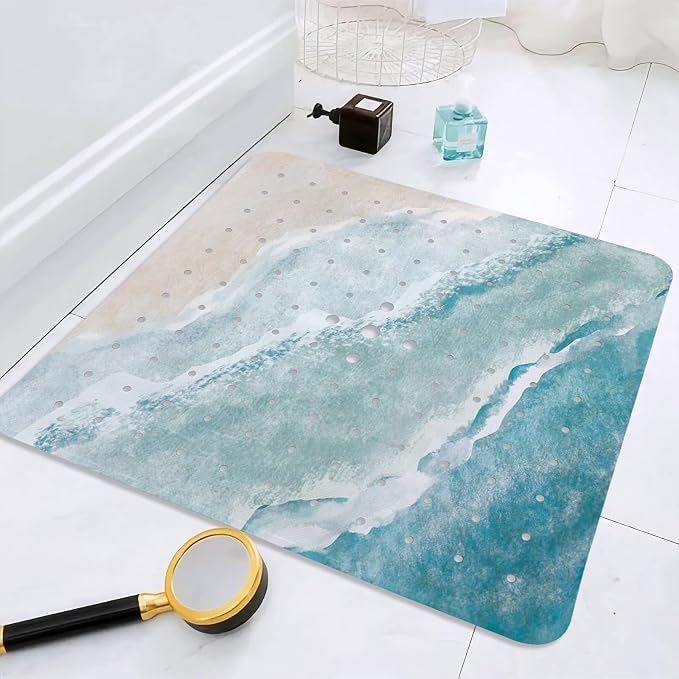 Beach Square Anti Slip Shower Mats for Inside Shower Accessories, Cute Bath Mats for Bathroom Non Slip Shower Floor Mat Sea Decor Rubber Bathmat with Suction and Drain Holes Machine Washable, 21″X21″