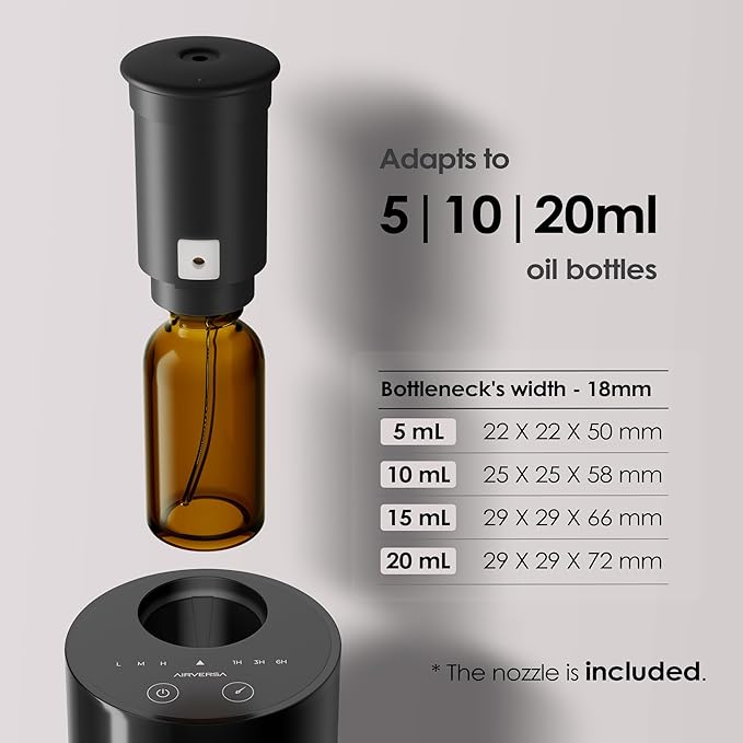 Airversa Waterless Diffuser for Essential Oil, Car Diffsuer, Battery Operated Nebulizer, 0.7 Fl Oz/ 20mL, Mini Scent Air Machine, 3 Timers & 3 Mist Levels for Home, Room, Office - AN6 + Extra Nozzle