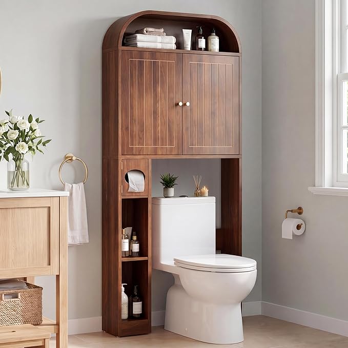 LEVNARY 31" Wide Over the Toilet Storage with Toilet Paper Holder, Arched Bathroom Organizer with Fluted Doors, 4-Tier Space Saving Freestanding Cabinet with Adjustable Shelves (Walnut)