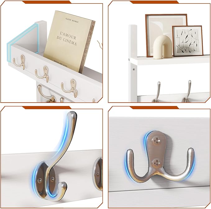 YMYNY 31.5" Coat Rack Wall Mount with Shelf, 4 in 1 Key and Coat Hanger with 12 Metal Hooks, Wall Shelf with Hooks & Mail Holder for Living Room, Bedroom, White, HWS007W-2