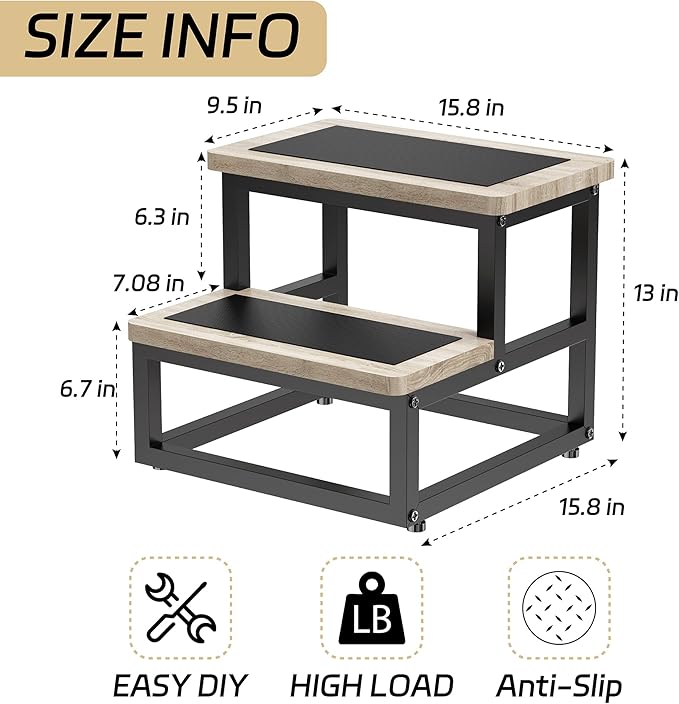 SZLHANJZ Step Stool, Wood and Metal Step for Adults Kids, Bedside Stepping Stool for High Bed with Round Corners, 2 Steps Foot Stool for Kitchen Bedroom, Load 500 LB, Beige