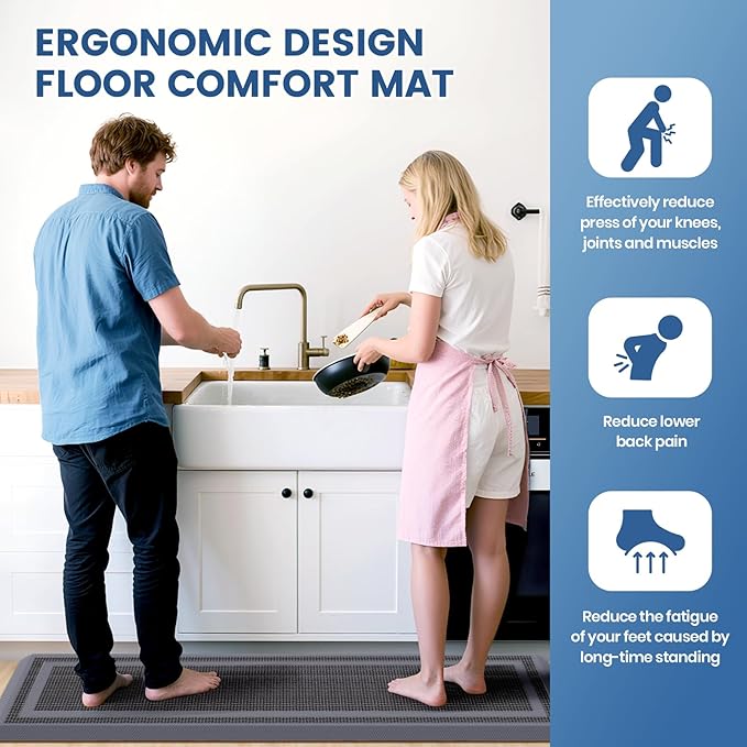 KitchenClouds [2 PCS] Kitchen Rugs Cushioned Anti-Fatigue Kitchen Mats for Floor Waterproof Kitchen Rug Set Non-Slip Comfort Standing Mat for Office, Sink, Laundry 17.3"×29"+17.3"×47", Grey