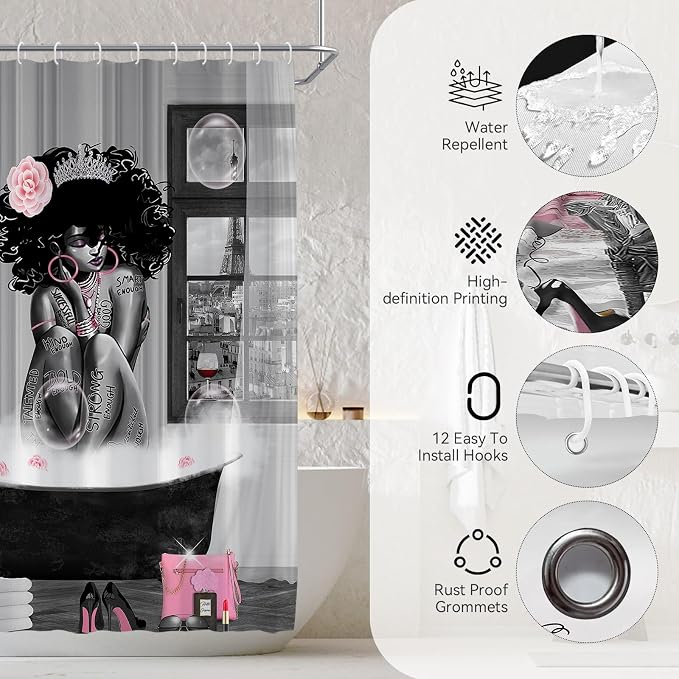 5Pcs Black Girl Shower Curtain Set with Decorative Painting, African American Wall Painting Bathroom Sets with Shower Curtain and Rugs, Trendy Women’s Bathroom Pictures for Wall Art Decor