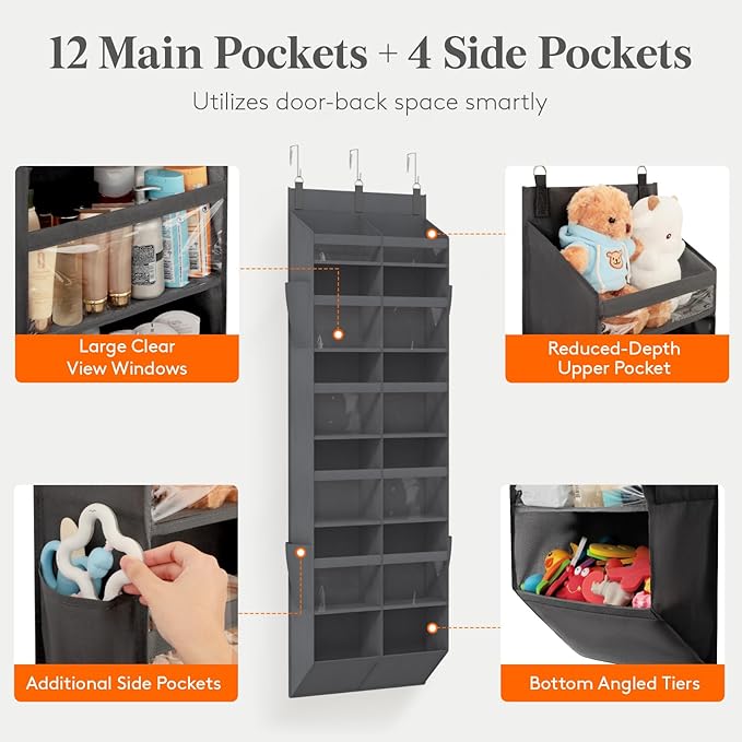 Lifewit 1 Pack Over the Door Organizer, 12 Section Clear Window Hanging Storage with 4 Side Pockets, Sturdy Anti Tilt 40 lbs Load Behind Door for Closet, Bedroom, Bathroom, Nursery, Dorm, Dark Gray