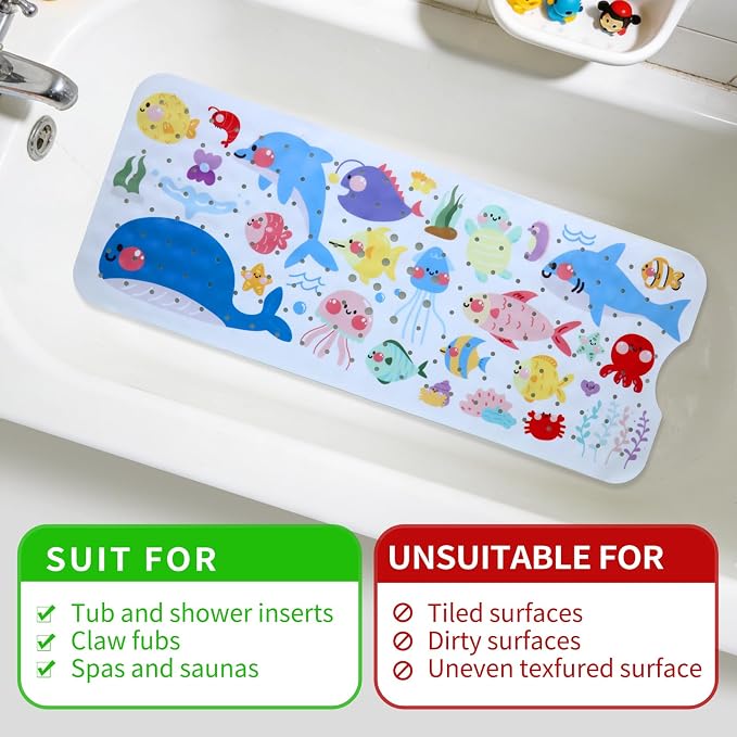 Baby Bath Mat for Tub Non Slip Kids Bathtub Mat Extra Long 40X16 Inch Toddler Bath Tub Shower Mat Anti Slip with Suction Cups & Drain Holes, Machine Washable (Sea Fish)