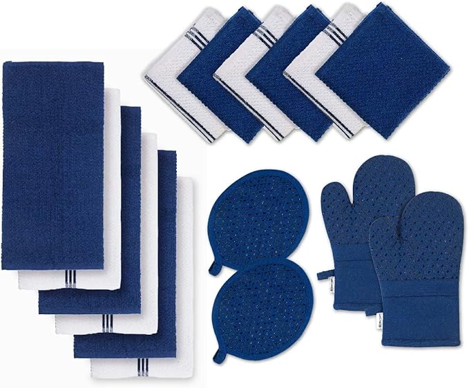 LANE LINEN Tea Towels - 16 Pc Set with Silicone Oven Mitts and Pot Holders, Cotton Kitchen Towels, Absorbent Dish and Hand Towels - Indigo