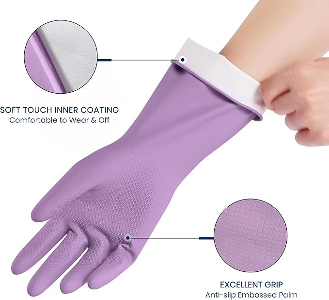 Rubber Cleaning Gloves for Dishwashing, 12 Pairs Reusable Kitchen Gloves for Washing Dishes and Household Cleaning, Colorful Gloves with Flocked Lining and Non-Slip Grip, Perfect for Women Men - M