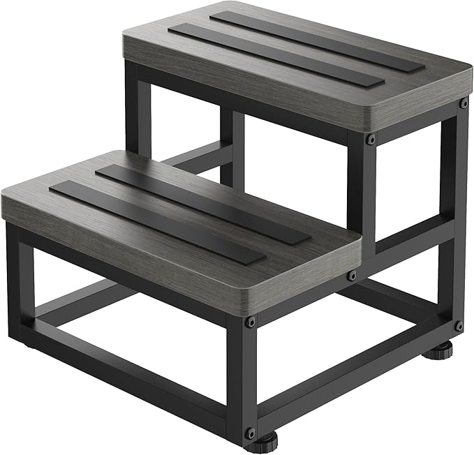 2 Step Wooden Step Stools for Adults Kids, Heavy Duty Stepping Stools Wooden Bed Step Stools for High Beds, Non-Slip 2 Bedside Foot Stool with 500 Lbs Capacity, Kitchen, Bed, RVS Step, Gray