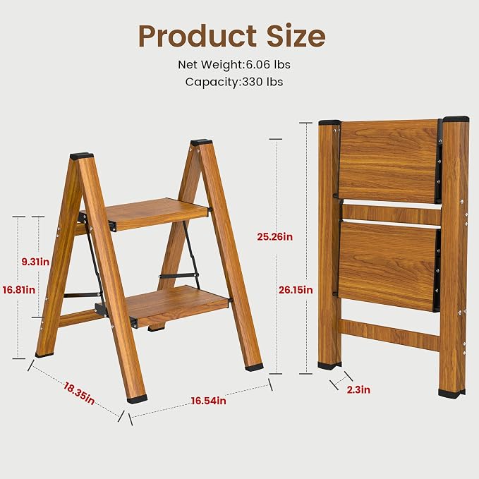 HBTower Step Ladder,Lightweight Aluminum Folding Step Stool with Anti-Slip Wide Pedal,330lbs Capacity Step Ladder for Household,Kitchen,Office - Woodgrain