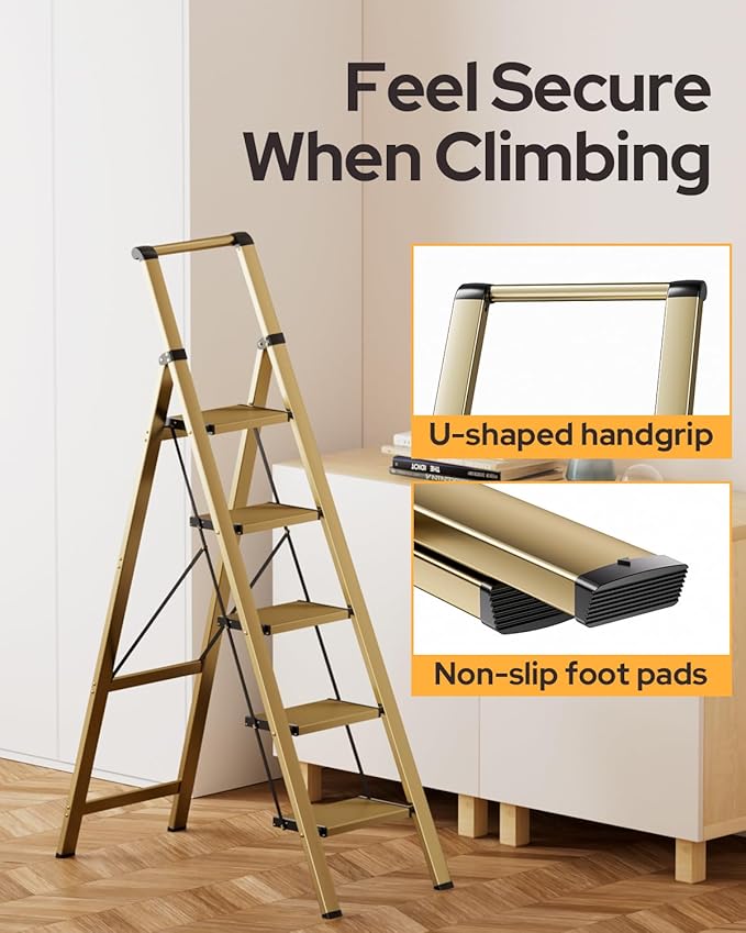 5 Step Ladder for 10 Feet High Ceiling, Lightweight Aluminum Folding Step Stool with Convenient Handgrip, Stepladders with Anti-Slip and Wide Pedal for Home Use Space Saving - Gold