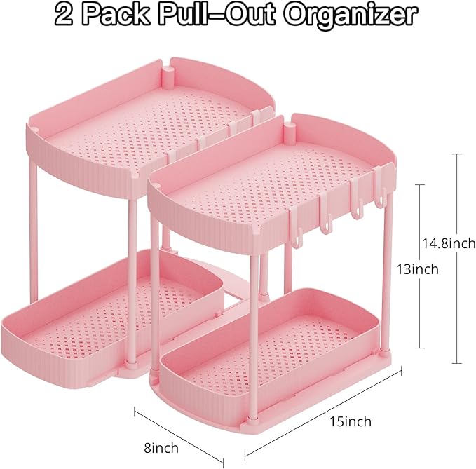 Ukeetap 2 Pack Multi-Purpose Pull-Out Storage Organizers, Under Sink Organizers and Storage for Bathroom & Kitchen, Under Cabinet Organizers and storage, 14.8 Inch, Pink