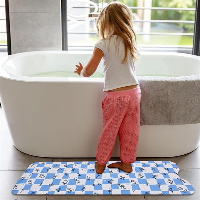Bathtub Mat Non Slip 40x16 Inch Extra Long Bath Mat, Blue Floral Modern Art Shower Mat Non Slip Bath Mat for Tub Anti Slip with Large Drain Holes and Suction Cups, Rustic Flowers Design Bathroom Mat