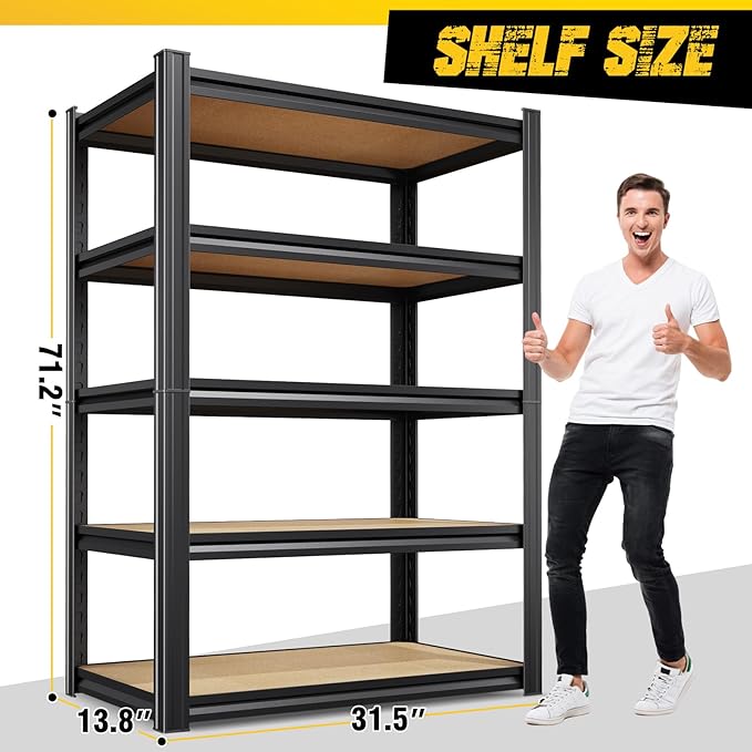 Garage Shelving for Home & Workshop Organization, 5-Tier Adjustable Metal Storage Rack for Tools, Storage Bins & Household Items, Utility Shelf for Garage, Pantry, 71" H x 32" W x 14" D