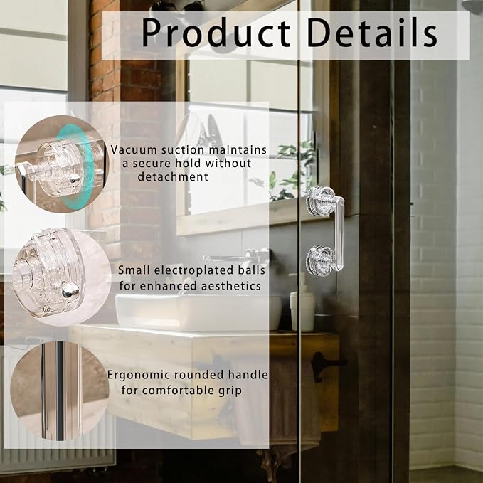Transparent Non-Piercing Suction Grab Bar Heavy-Duty Waterproof Safety Handle for Bathroom, Shower Doors, Windows & Kitchen, Removable Handrails (2)
