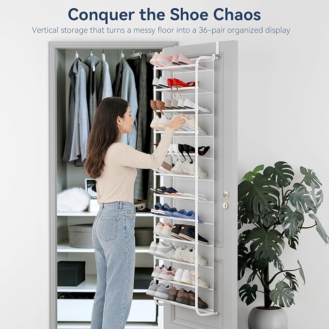Whitmor 36 Pair Over The Door Shoe Organizer, 12 Tier Hanging Shoe Organizer, Heavy Duty Metal & Mesh Shoe Holder, Hanging Shoe Rack for Closet Organizer & Storage, 74"H x 21.7"W x 7.5"D, White