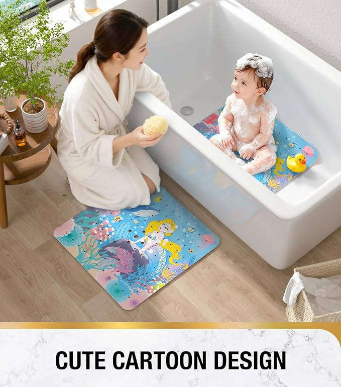 HITSLAM Square Shower Stall Mat Anti Slip, Quick Dry 21x21 Inch Bathtub Floor Mat for Kids with Suction Cups and Drainage Holes, Machine Wash, Soft on Feet, Mermaid