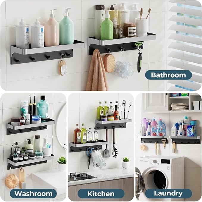 2 Pack Shower Caddy Adhesive, Shower Shelve for Inside Shower, Bathroom Organizers and Storage for Accessories Holder, Rustproof Bathroom Wall Shower Rack Organize with 5 Hooks, No-drill, Silver