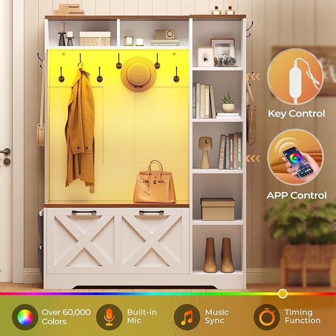 Itaar Hall Tree with Bench and Shoe Storage, Farmhouse Entryway Bench with Coat Rack, Shoe Cabinet with Flip Drawers, 7 Shelves, 10 Coat Hooks, Storage Bag, Led Lights, White