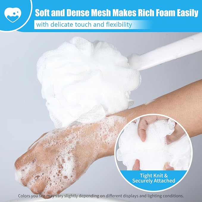 VANZAVANZU Loofah Sponge Set Back Scrubber for Shower, Anti-Slip Plastic 17" Handle Loofah on a Stick with Fluffy Shower Sponge, PE Soft Mesh Shower Loofahs-White with Blue Grip