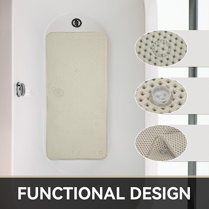 Bathtub Mat Non Slip Ivory 36” X 17” Shower Mat Soft Foam Bath Mats for Bathroom Tub, Bathtub Mat with Drain Holes, Suction Cups, Shower Mat Non Slip