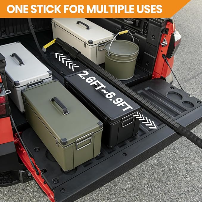 Magnetically Mounted 6.9 Ft Truck Cargo Grabber Reach Retriever Tool Upgraded Extendable Pickup Truck Bed Accessories, Multi-Use Telescoping Truck Bed Reach Tool with Two Hooks