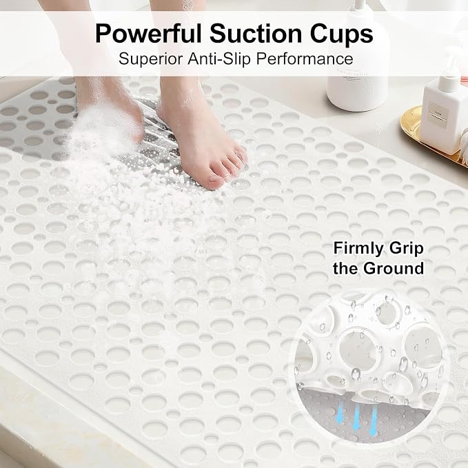Bathtub Mat and Shower Mat Non Slip: 30 x 17 inch Soft TPE Bath Tub Mat with Suction Cups and Drain Holes, Anti Slip Shower Mats for Inside Shower, Machine Washable, Easy to Dry&Cut