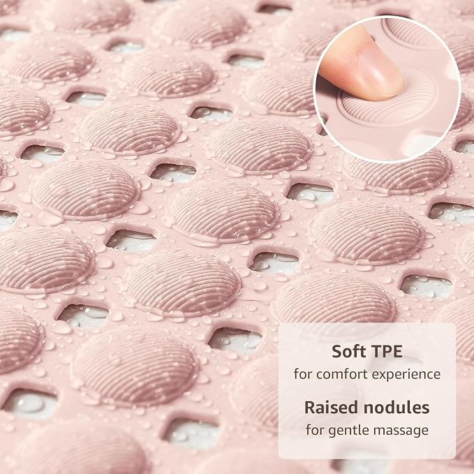 OTHWAY Bath Tub Shower Mat Non Slip, Bathtub Floor Liner Mats for Inside Shower Bathroom, Suction Cups and Drain Holes for Feet Scrubbing, Machine Washable, Soft on Feet, 35x16 Inch, Light Pink