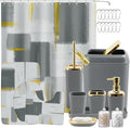 XLHOMO Bathroom Set - Grey and Gold Bathroom Accessories Set, Bathroom Sets with Shower Curtain and Rugs, Grey Shower Curtain Set with Bathroom Trash Can, Soap Dispenser, Soap Dish for Home Decor