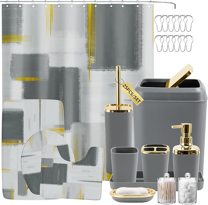 XLHOMO Bathroom Set - Grey and Gold Bathroom Accessories Set, Bathroom Sets with Shower Curtain and Rugs, Grey Shower Curtain Set with Bathroom Trash Can, Soap Dispenser, Soap Dish for Home Decor