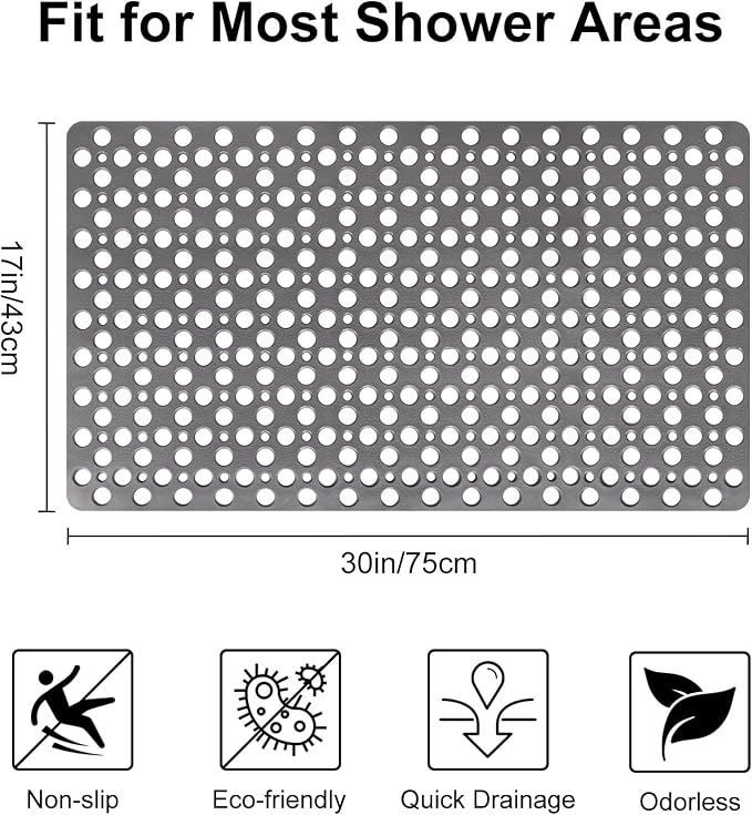 Bathtub Mat Non Slip: 30x17 inch Soft TPE Shower Mat with Suction Cups and Drain Holes, Efficient Drainage Anti Slip Shower Mats for Inside Shower, Easy to Dry&Cut, Machine Washable