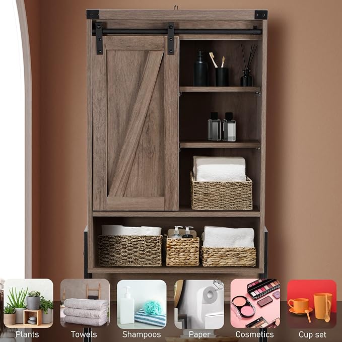Over The Toilet Storage Cabinet, Behind Toilet Bathroom Organizer with Adjustable Shelves, Above Toilet Organizers with Barn Door, Space Saver for Restroom, Bathroom, Laundry, Grey