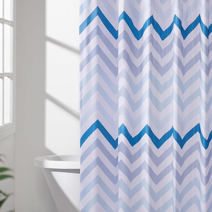Amazon Basics Bathroom Shower Curtain, Water Resistant Fabric with Weighted Hem, Grommets & Hooks, Machine Washable, 72"x72", Blue Ombre Chevron