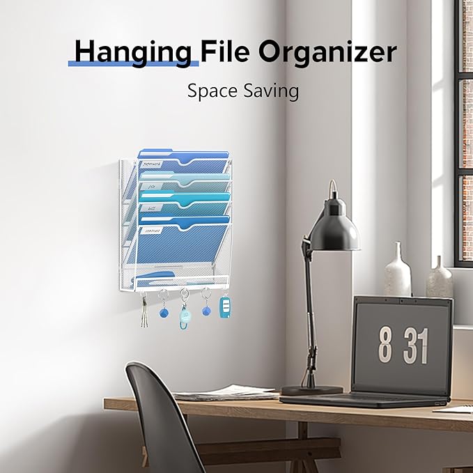 5 Tier Wall File Organizer - Hanging File Organizer with 5 Hooks, Mail Holder Wall Mounted for Papers, Folders, Magazines, Bills, Office&School Organization, White