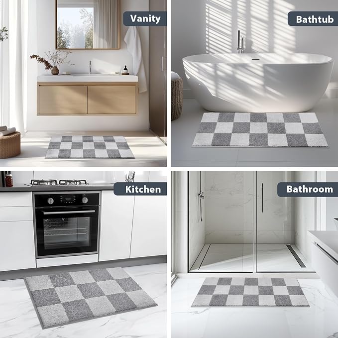 anllugs Bathroom Rugs 30" x 46", Non-Slip Extra Soft Absorbent Bath Rugs, Machine Washable Quick Dry Bath Mats for Bathroom Floor, Shower, Bathtub and Sink, Checkered Light Grey & Grey